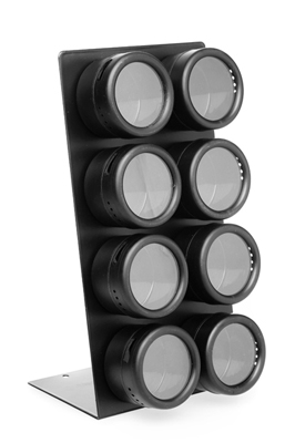 8 see and store magnetic black plastic spice containers on L metal board